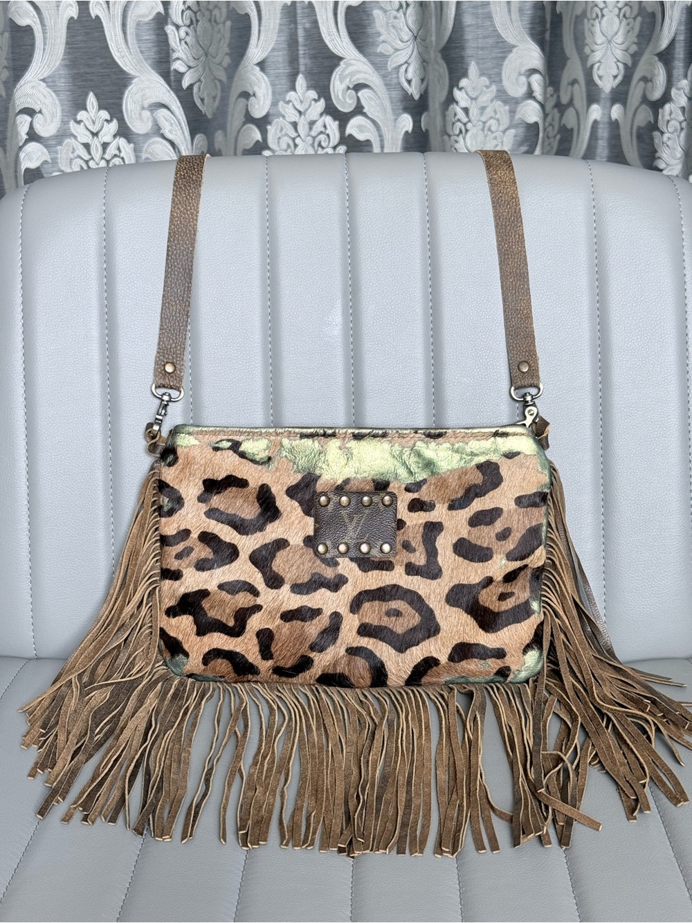 Keep it Gypsy Upcycled Louis Vuitton Leopard Cowhide Acid Washed Fringe Bag